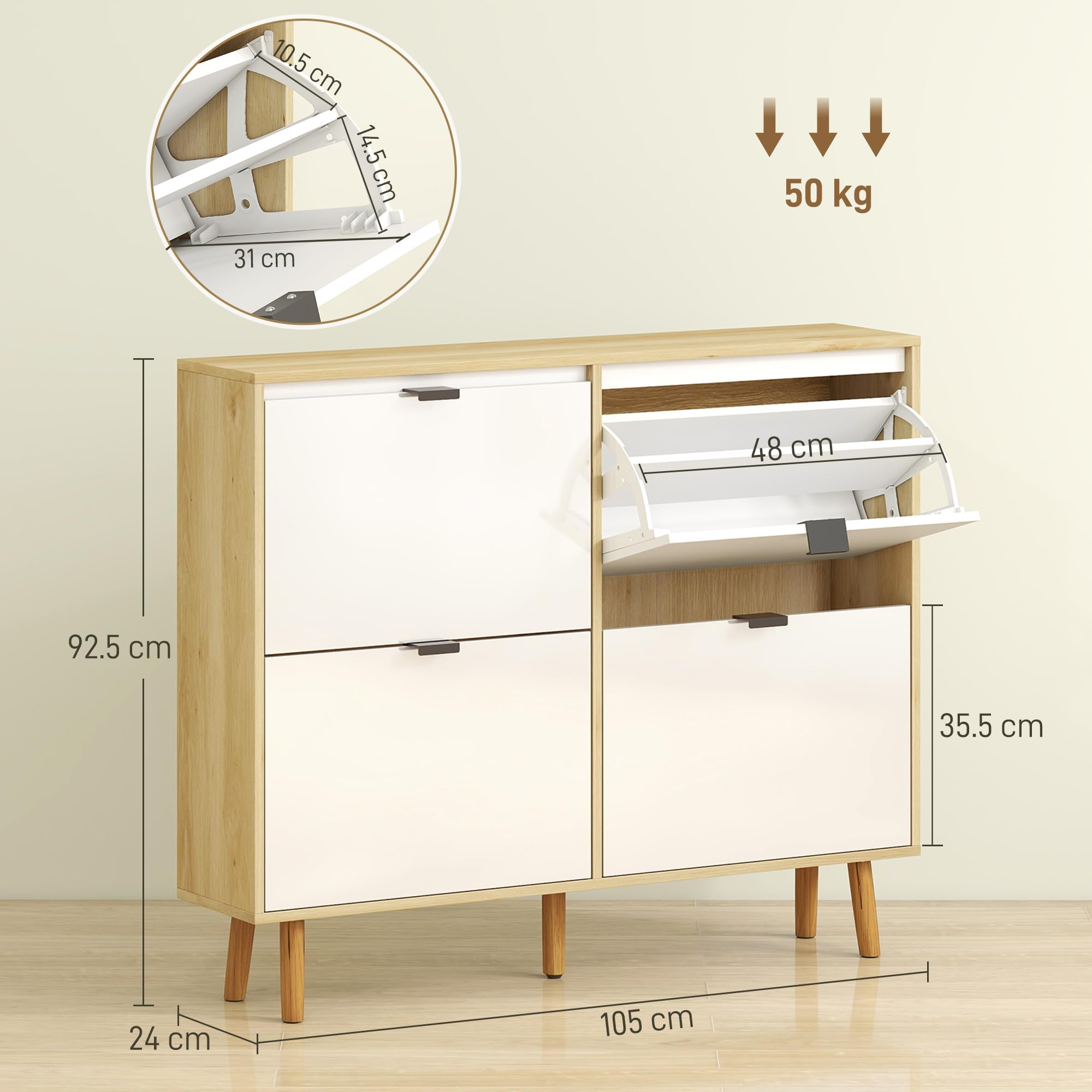 HOMCOM Scarpiera Salvaspazio Slim con 4 Ante a Ribalta, Scarpiera Ingresso con Ripiani Regolabili su 2 Livelli e Base Rialzata, Porta Scarpe per 20 Paia con Maniglia, 105x24x92.5 cm, Bianco Lucido