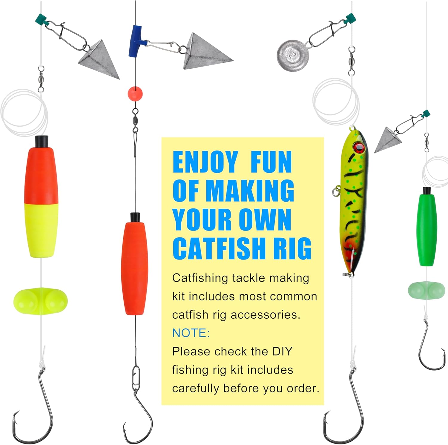 FUSIGO Catfish Rigs Catfishing Tackle Making Kit, 91pcs Santee Cooper Rig with Catfish Floats Rattling Line Peg Floats Pyramid Sinker Catfish Rattle Catfishing Rig Equipment