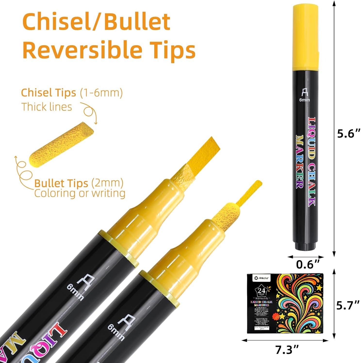Artecho 24 Colors Liquid Chalk Markers with 6mm Reversible Tip Pens