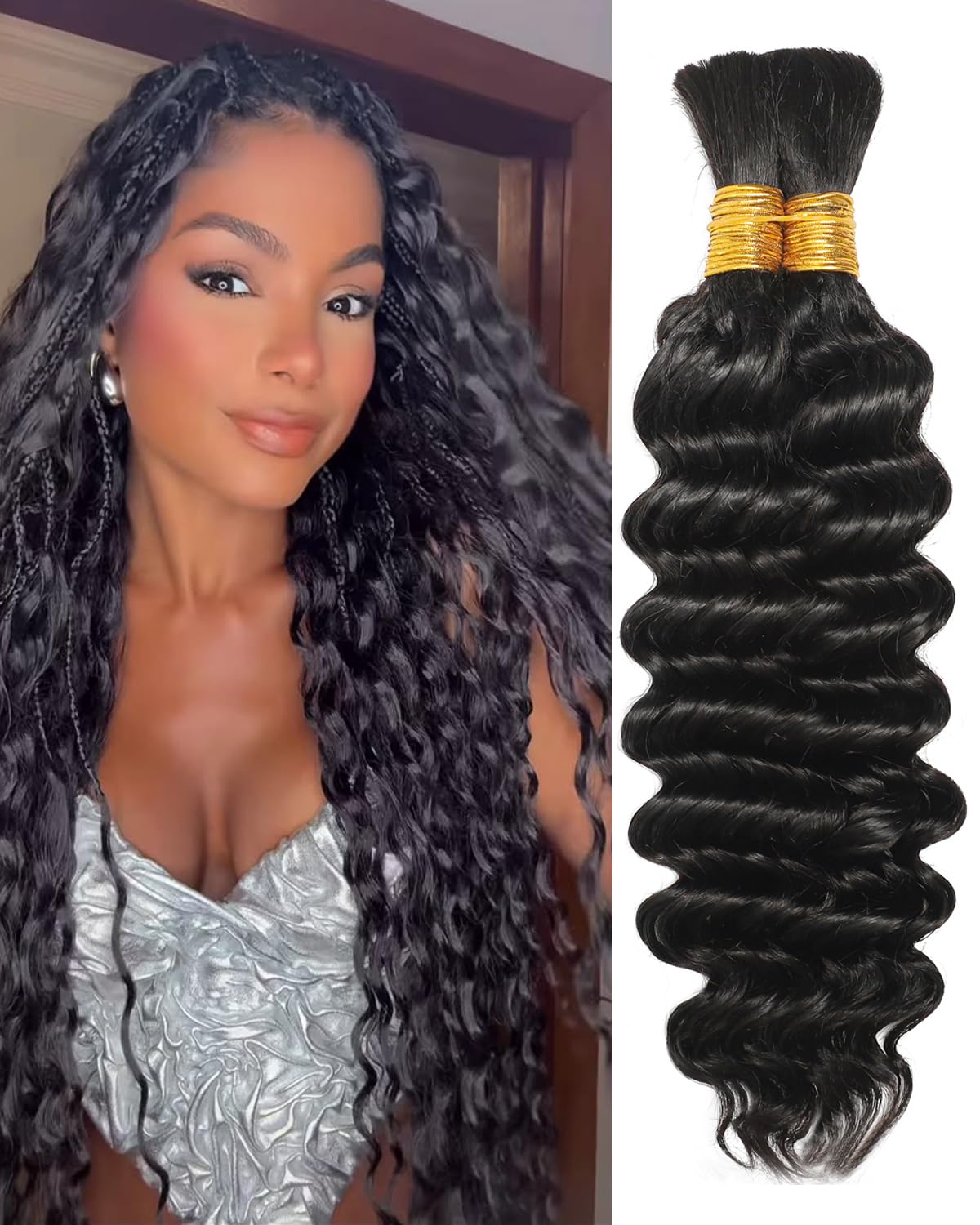 Human Braiding Hair for Boho Braids,16 Inch 2 Bundles 100g Deep Boho Braids Human Hair,Boho Hair for Braiding, 12A Curly Human Hair Bundles for Wet