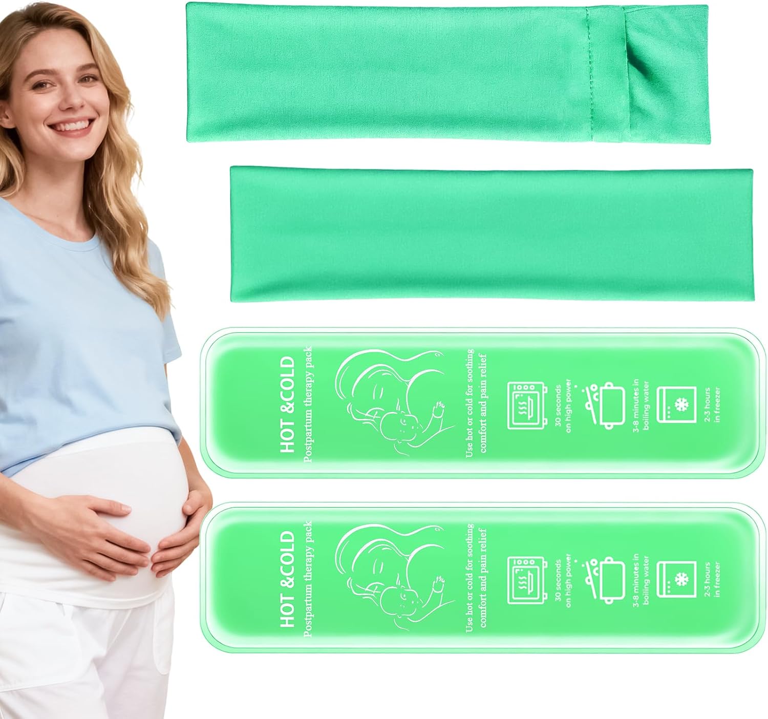 Postpartum Cold Pack, Perineal Cooling Pad Pregnancy & Hemorrhoid Pain Relief, Postpartum Ice Pack Pads with 2 Washable Sleeves (2 ice Pack+2 Fabric Cover) (Green)