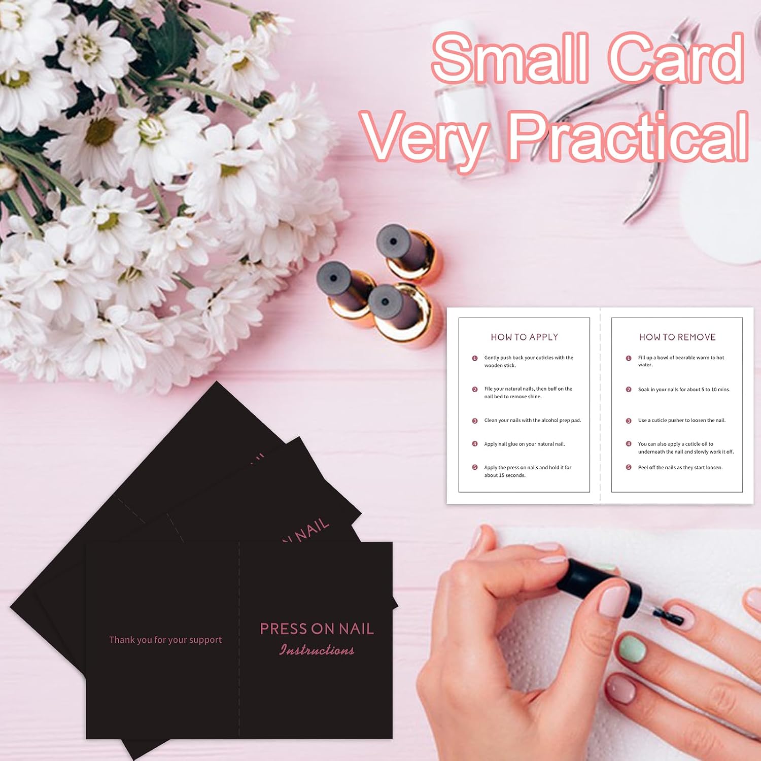 50 Pack Press on Nail Instructions Cards, Nail Application Guides (Black-1)