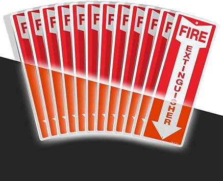 T&R Metal Fire Extinguisher Sign - 12 Pack - 12"x4" .040 Rust Free Heavy Aluminum, Reflective, Waterproof, Weatherproof and Fade Resistant, 2 pre-drilled holes, Easy to Install Indoors and Outdoors