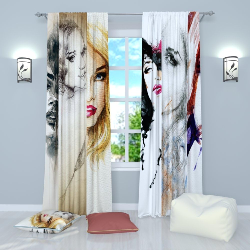 Factory4me Girls Room Curtains for Teen Girls Bedroom Sketch Pattern Curtains, Beige White and Gray White Drapes 84 Inches Long Curtain Set of 2 Panels for Living Room Bedroom Kitchen