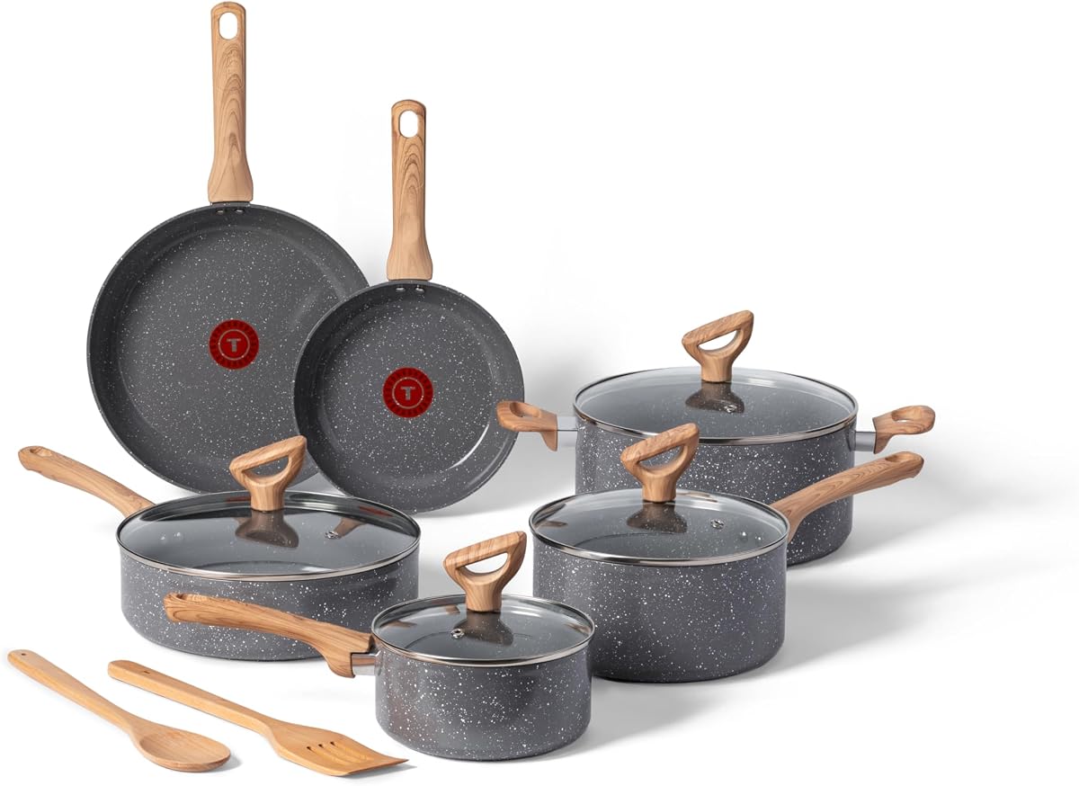 Revive Ceramic Cookware Sets, Pots and Pans Set Nonstick, (12 pieces), Ceramic Non stick Coated, Frying Pan, Oven Safe Up To 350°F, Grey Granite
