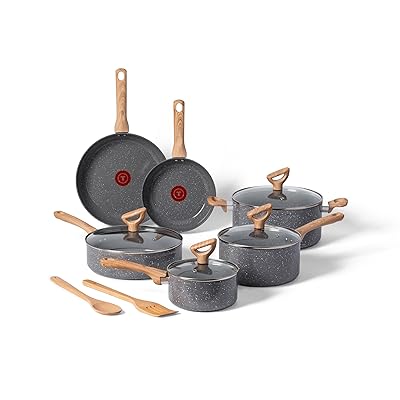 T-fal Revive Ceramic Cookware Sets, Pots and Pans Set Nonstick, (12 pieces), Ceramic Non stick Coated, Frying Pan, Oven Safe Up To 350°F, Grey Granite
