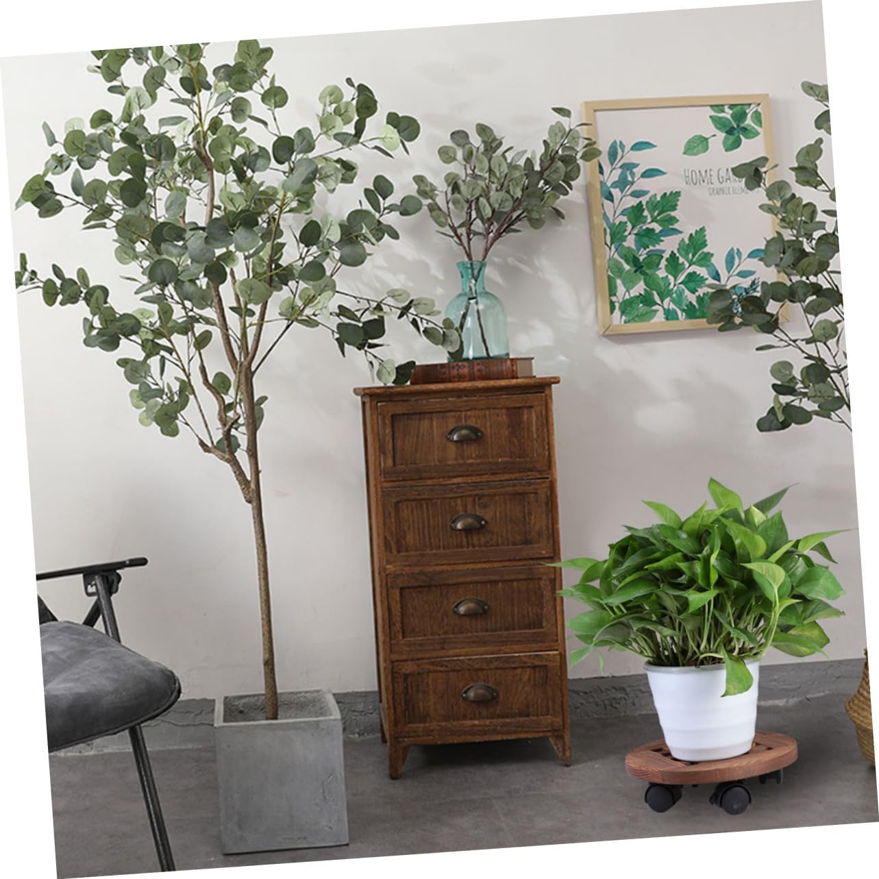 Abaodam Round Wooden Plant Stand Universal Wheels Mobile Flower Pot Tray for Indoor/Outdoor Use Roll Lock Design for Garden Display and Plant Care