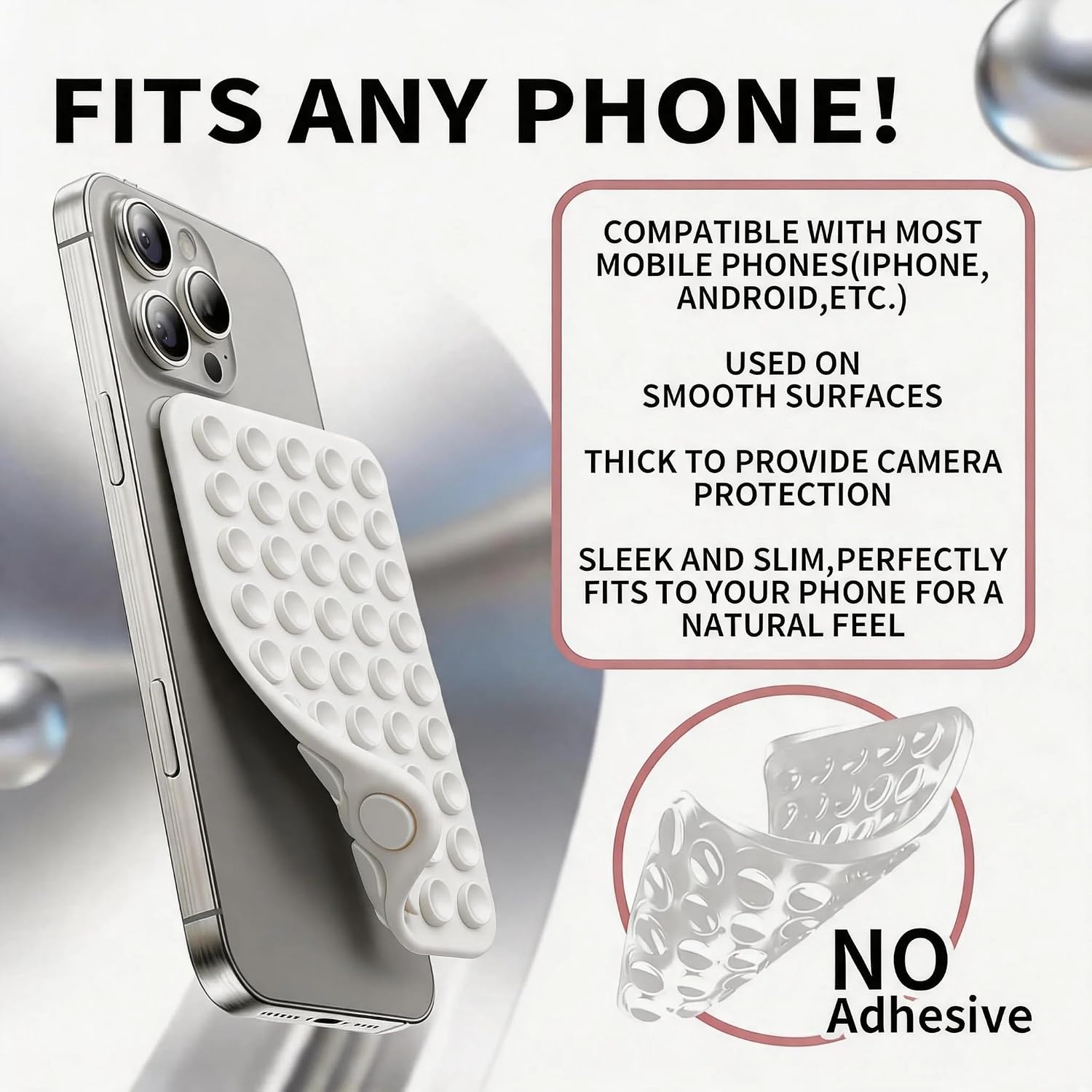 Double Sided Octo Buddy Suction Cup Phone Mount - Silicone Sticky Phone Grip with Higher Suction Power for Effortless Hands-Free Selfies & Videos, Reusable Silicone Phone Suction Grip（White）