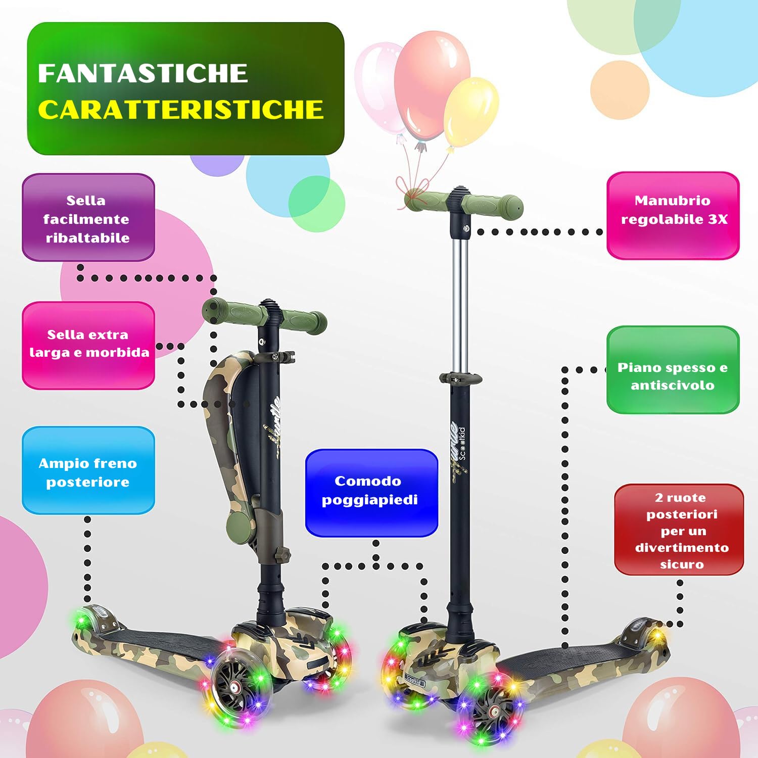 Hurtle Monopattino Bambino, Monopattino Bambina, Monopattino a 3 Ruote, Regolabile in Altezza con Sedile Pieghevole, Scooter per Bambini e Bambine con Ruote LED Multicolore, Dai 1 ai 14 Anni