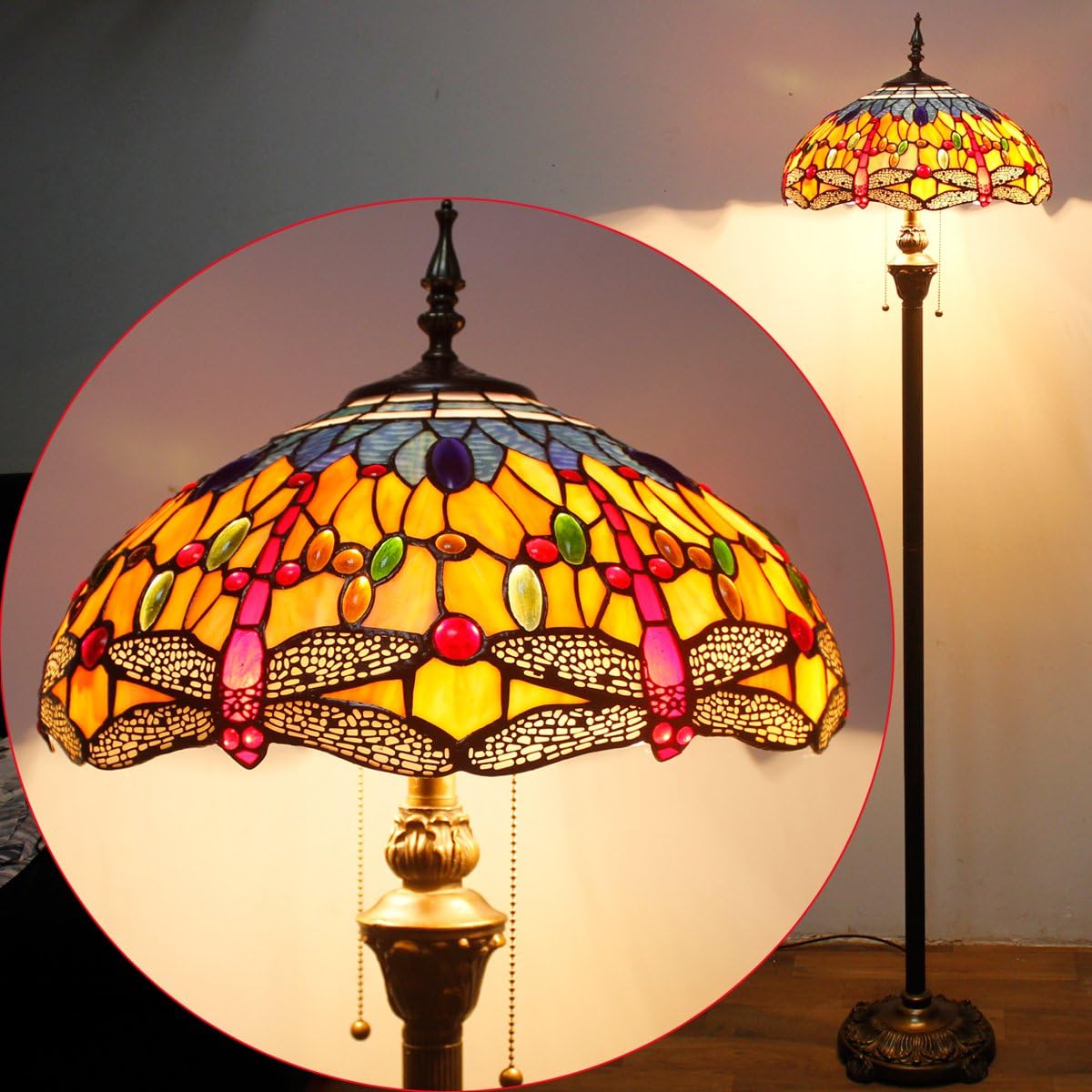 Exclusive Discount 60% Price Tiffany Style Floor Standing Lamp W16H64 Inch Tall (2 LED Bulb Included) Orange Blue Stained Glass Crystal Bead Dragonfly Lampshade Antique Reading Lighting Base S168 WERFACTORY Lamps Bedroom Gifts