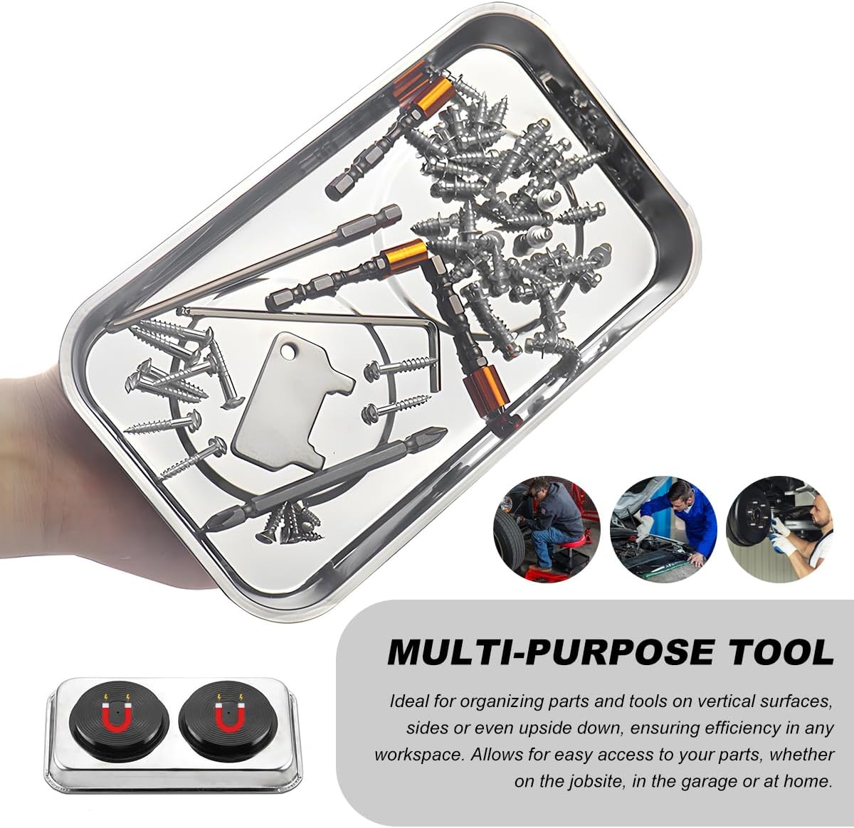 4PCS Magnetic Tray Set with Magnet Stick, Round Rectangular Tray Metal Parts Holder w/Telescoping Pickup Tool, Automotive Stainless Steel Thickened Trays for Screws, Nuts, Bolts