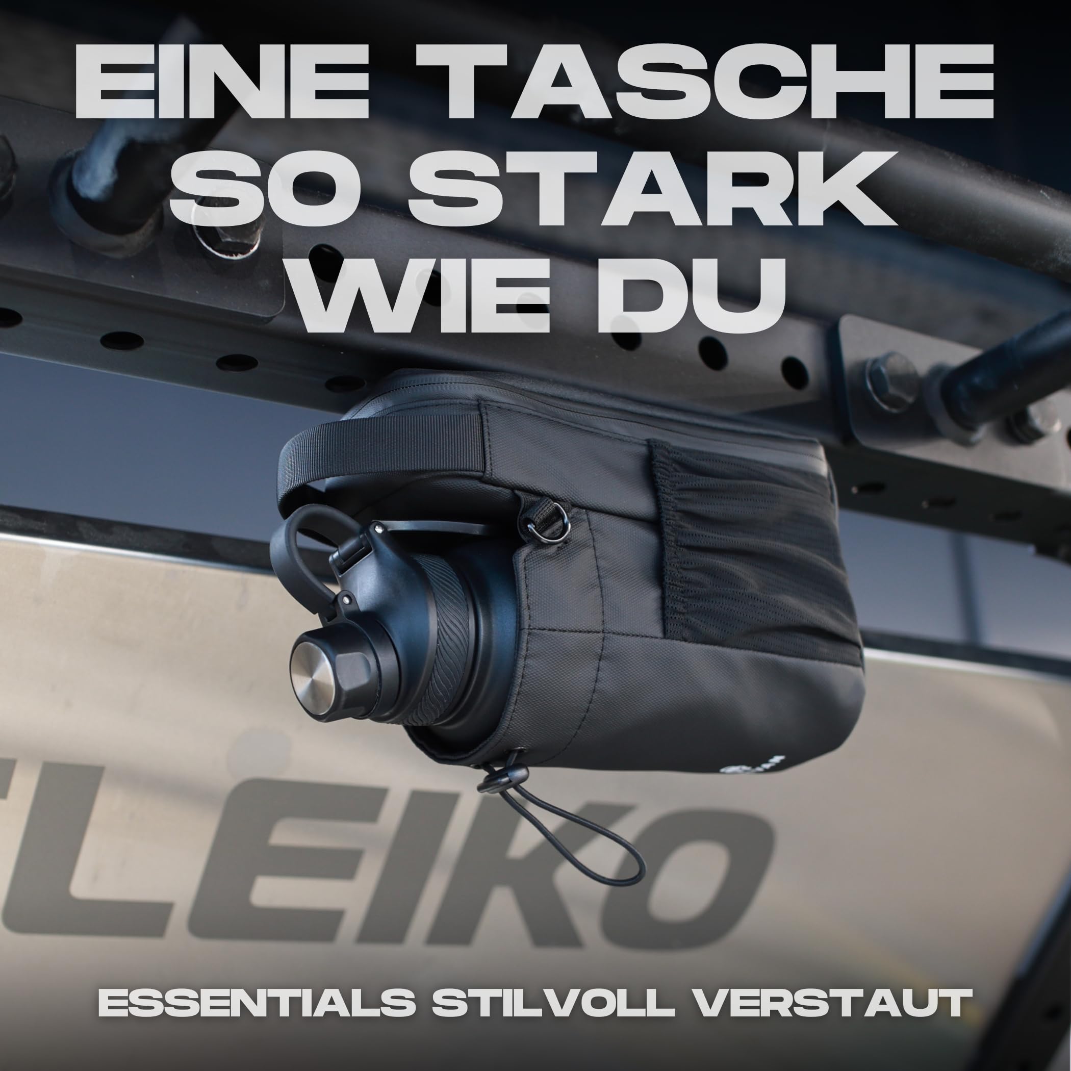 Magnetische Sporttasche mit Flaschenhalter, passt für 1,5 L Trinkflaschen, Handyfach, Schlüsselkarabiner, Schultergurt – für Männer & Frauen, Gym, Fitness & Alltag, wasserabweisend, Schwarz