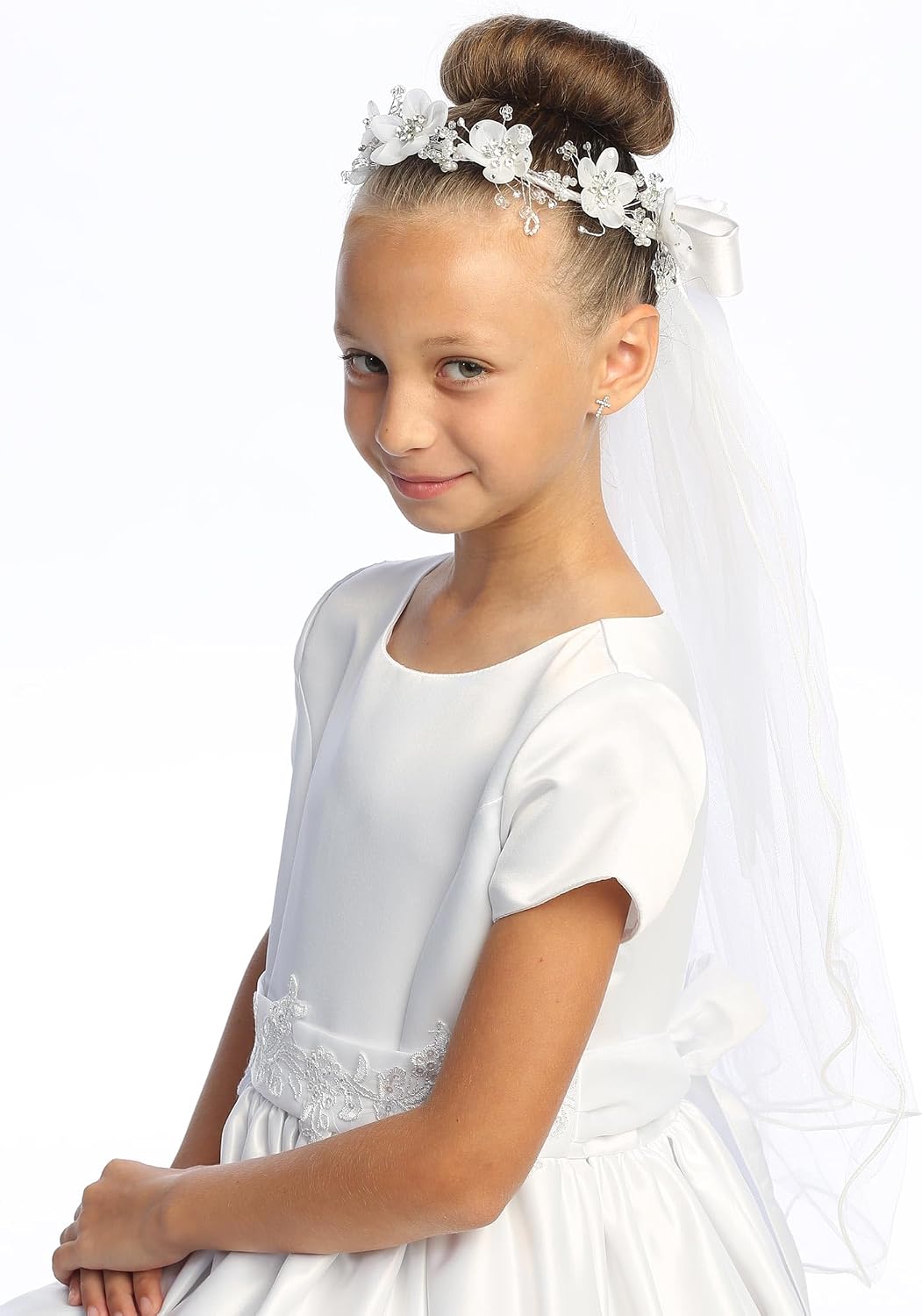 Swea Pea & Lilli Girls First Communion Veil - White Holy 1st Communion Headpiece with Headband and Flowers