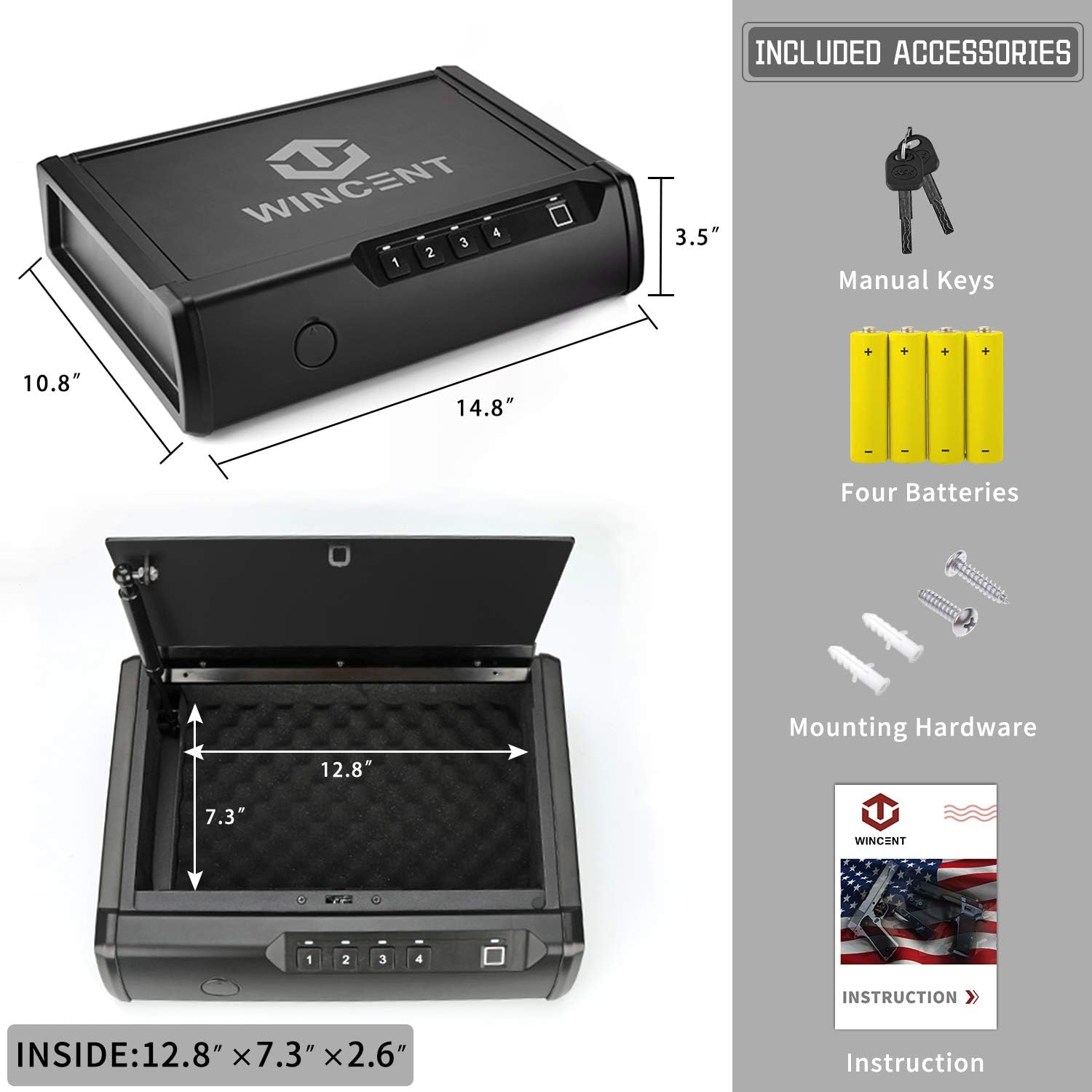 WINCENT Biometric Gun Safe, Quick Access Gun Safes for Pistols with Fingerprint & Keypad Lock -Two Guns Capacity - Firearm Pistol Safe Box with Auto Open Lid Pneumatic Rod : Sports & Outdoors