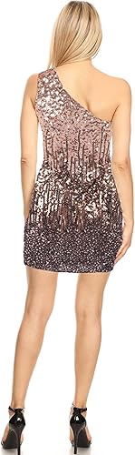 Miniatura 4 de Anna-Kaci Minivestido de cóctel elástico con lentejuelas brillantes y un hombro para mujer