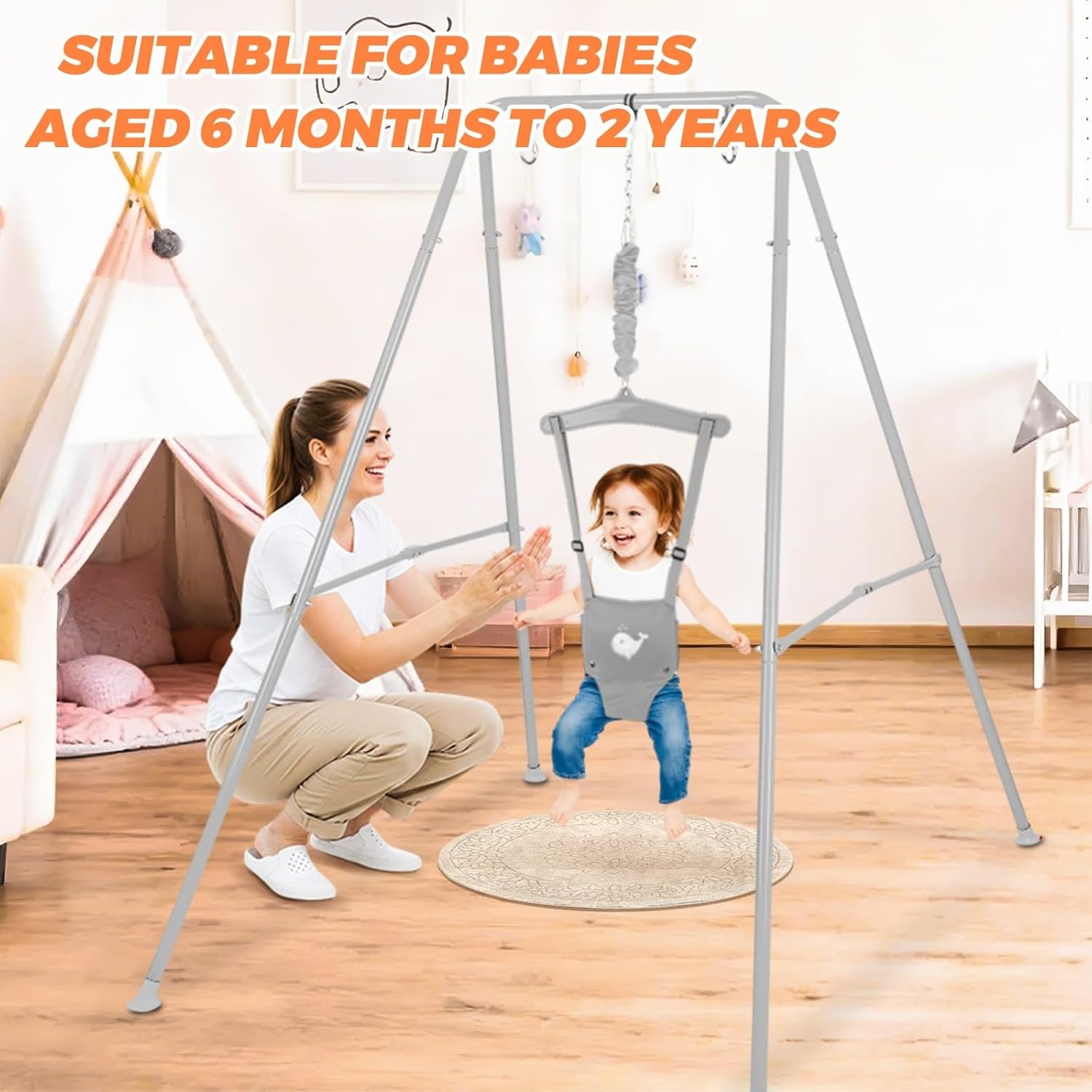 Baby Jumper with Stand, Baby Jumpers and Bouncers, Toddler Exerciser with Adjustable Chain Suitable for 6-24 Months, Easy to Assemble & Store Jumper for Baby Boy/Girl (Gray)
