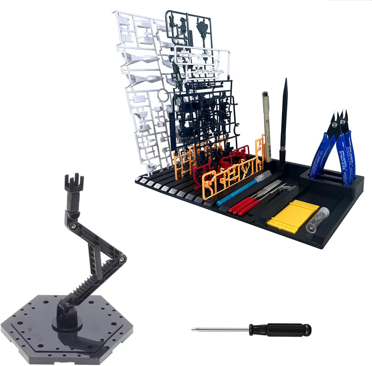 2-Piece Set Model Kit Display Stand and Runner Storage System with Action Base, Suitable for Model Stand and HG, MG and RG Model Character Display Stand ,Suitable for storing various tools，Black.