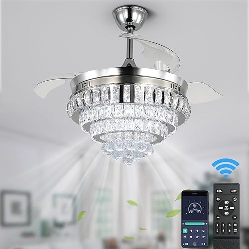 Deckrico Ventilador de techo de cristal con control remoto de luz de 42 pulgadas, moderna lámpara LED retráctil de 6 velocidades para sala de estar,