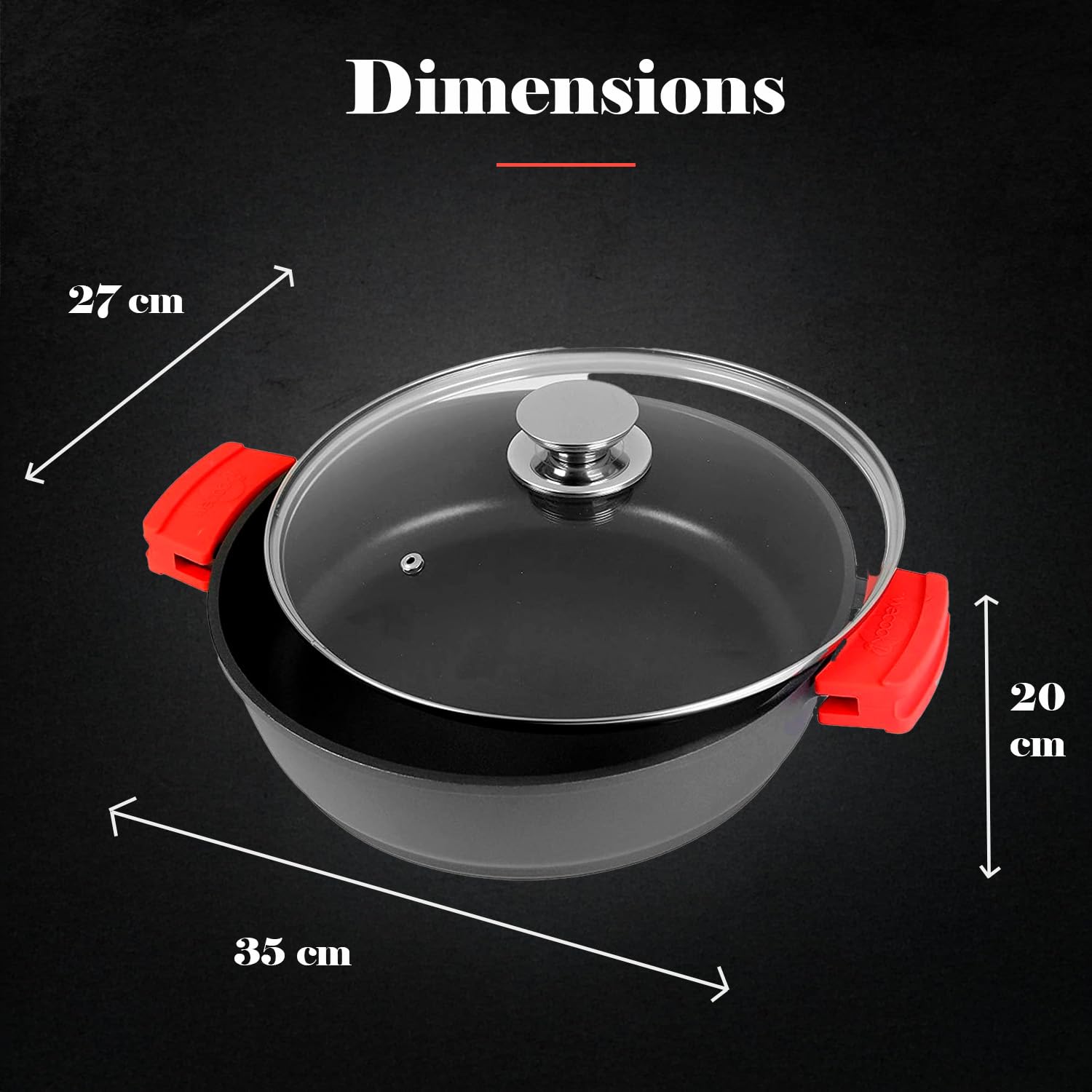 WECOOK! Ecostone Cazuela Baja Inducción con Tapa de Cristal 32cm, Antiadherente XTRA DUPON Ecológico sin PFOA, Aluminio Fundido, 5mm Espesor, 7,5cm Alto, Asas Silicona, Vitrocerámica, Gas Negro