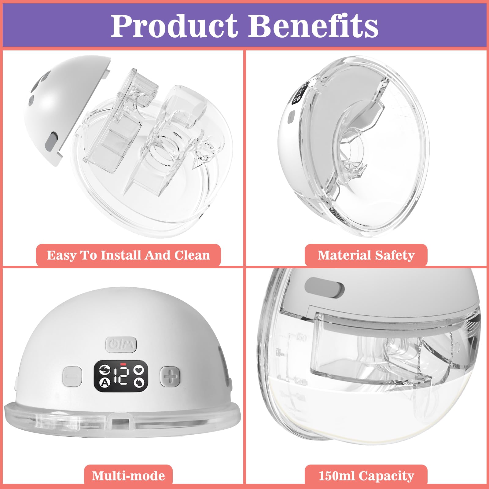 Milchpumpe Elektrisch Freihändig (2er Set), Tragbare Brustpumpe Elektrisch Handsfree mit LED-Display, 4 Modi & 12 Stufen, Electric Breast Pump Kabellos, 17/19/21mm, BPA-Frei