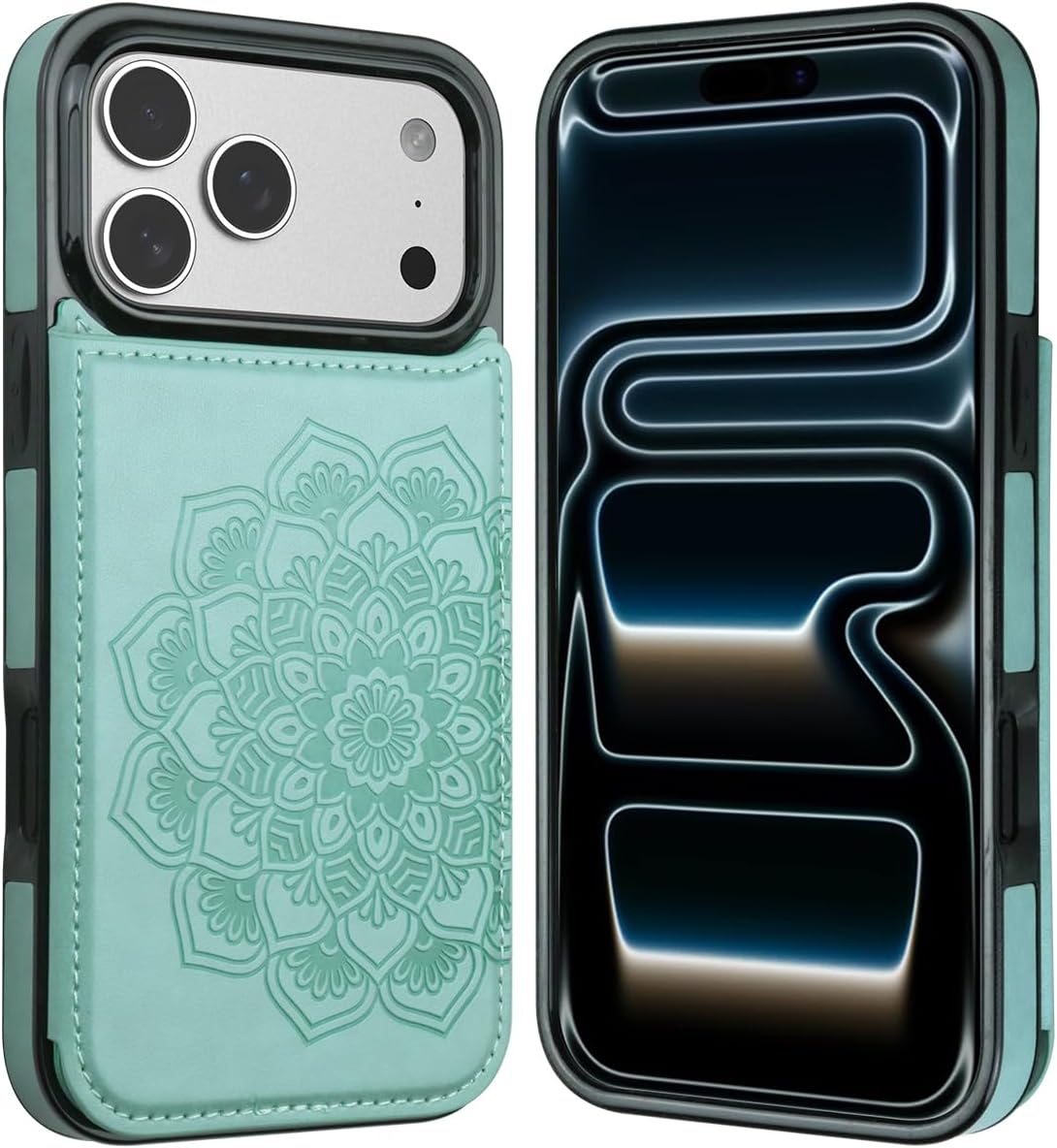 MMHUO for iPhone 17 Pro Max Case with Card Holder,Flower Magnetic Buttons Protective Wallet Case for Women for iPhone 17 Pro Max (6.9 Inch),Mint - Image 5