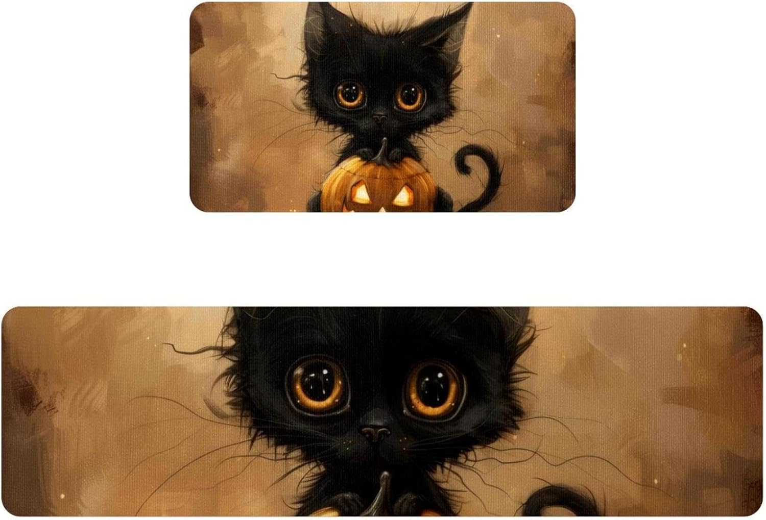 Kitchen Rugs Set of 2, Halloween Cute Black Cat with Pumpkin Skull Kitchen Mats for Floor Washable, Kitchen Floor Runner Mat Cushioned Anti Fatigue