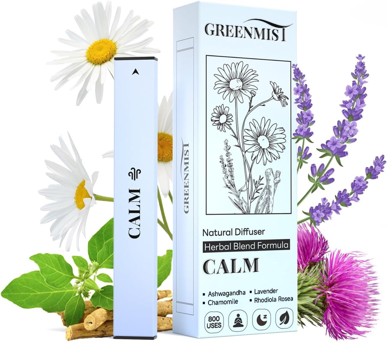 GREENMIST Ashwagandha Diffuser Pen - Herbal Calm Diffuser for Breathing in Calm &amp; Relaxation - Calming Blend with Ashwagandha Chamomile Lavender &amp; Rhodiola Rosea - 800 Uses All-Natural Botanicals