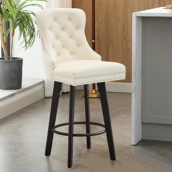Swivel Bar Stool Velvet Modern Counter Height Barstools with Metal Footrest, Metal Pull Ring & Nailheads Trim Button Tufted Bar Chairs for Kitchen Island Home Bar Bistro Creamy White