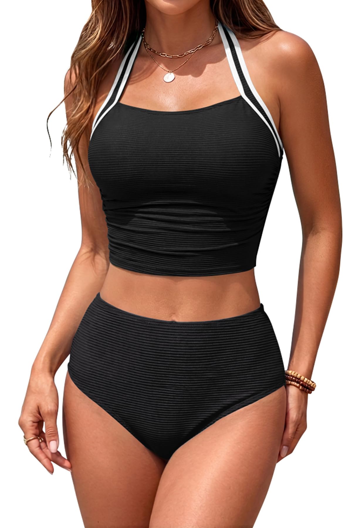 SHEKINI Tankini da donna con allacciatura al collo, increspato, top da nuoto a vita alta, set bikini sportivo a costine, costume da bagno a due pezzi, taglie S-XXL