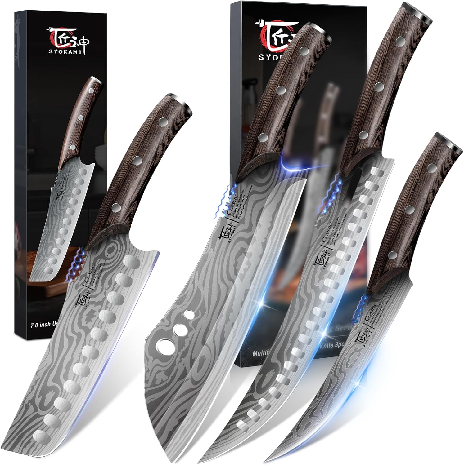 3 PCS Butcher Knife Set+Nakiri Chef Knife 7.2 Inch