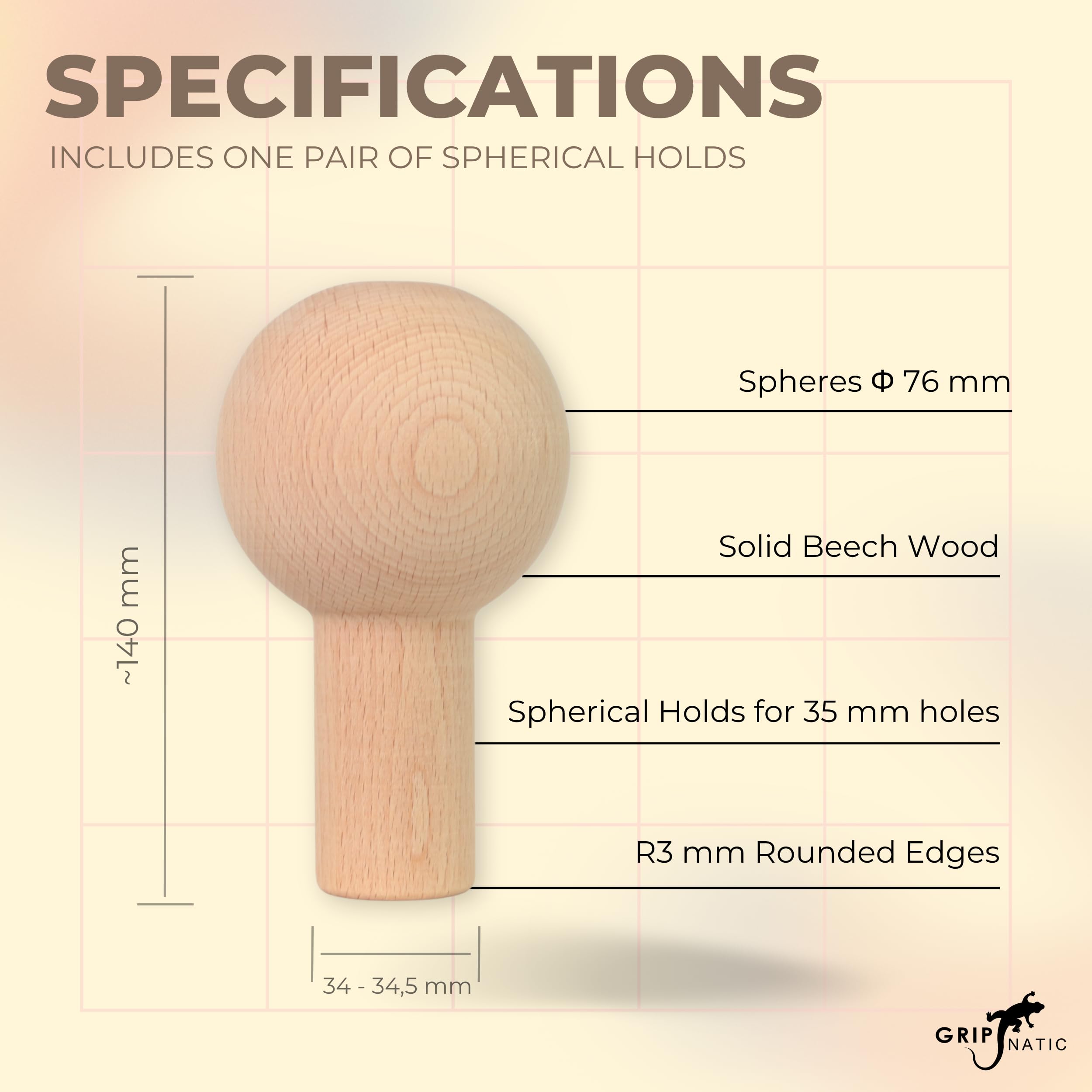 Kugelgriffe für FingerPeg 1.0 – EIN Paar kugelförmige Klettergriffe für Pegboard - Holzsphärenstangen Φ76 mm - FingerPeg 1.0 Erweiterungsgriffe zum Training des Pinchgriffs