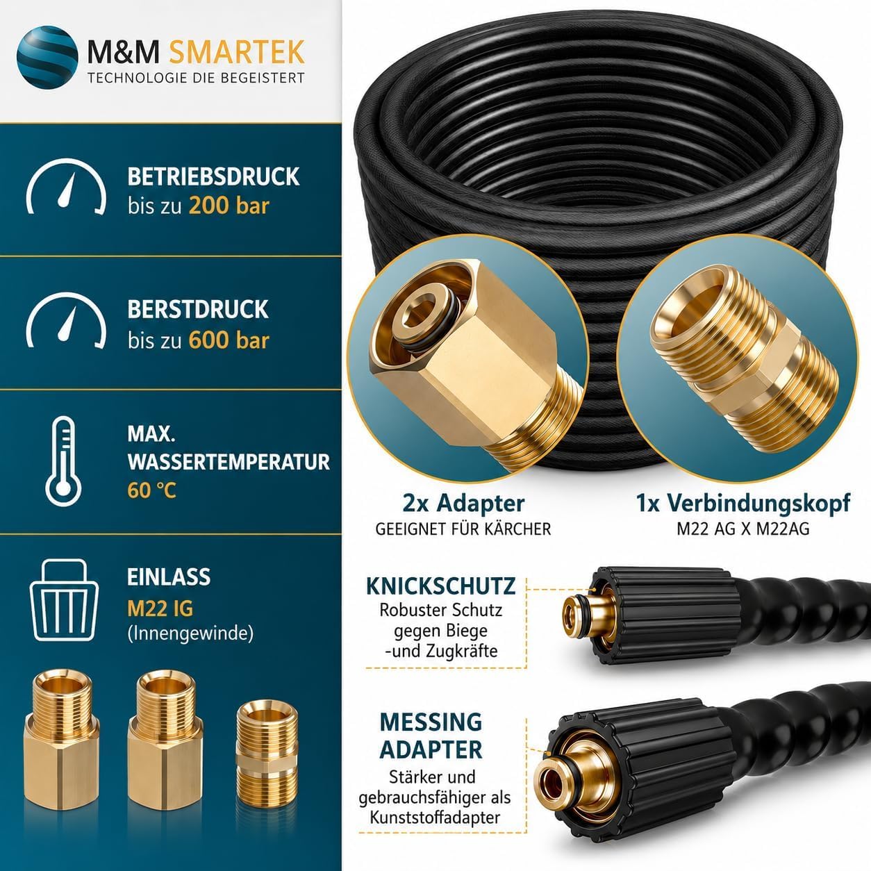 M&M Smartek Tubo ad alta pressione, 8 m, Easy Lock M22, per Kärcher HD/HDS