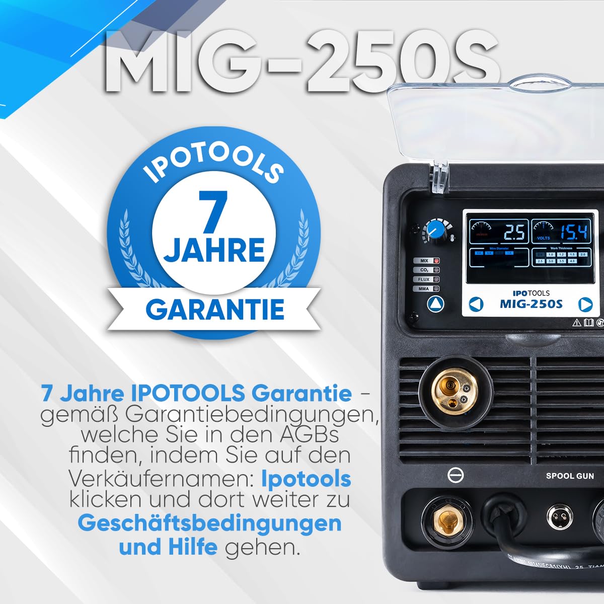 IPOTOOLS MIG-250S 5in1 MIG MAG Schweißgerät - Synergic Schutzgas Schweissgerät mit 250 Ampere FLUX Fülldrahtschweißgerät ohne Gas Elektroden/E-Hand geeignet/Digital/IGBT / 230V / 7 Jahre Garantie