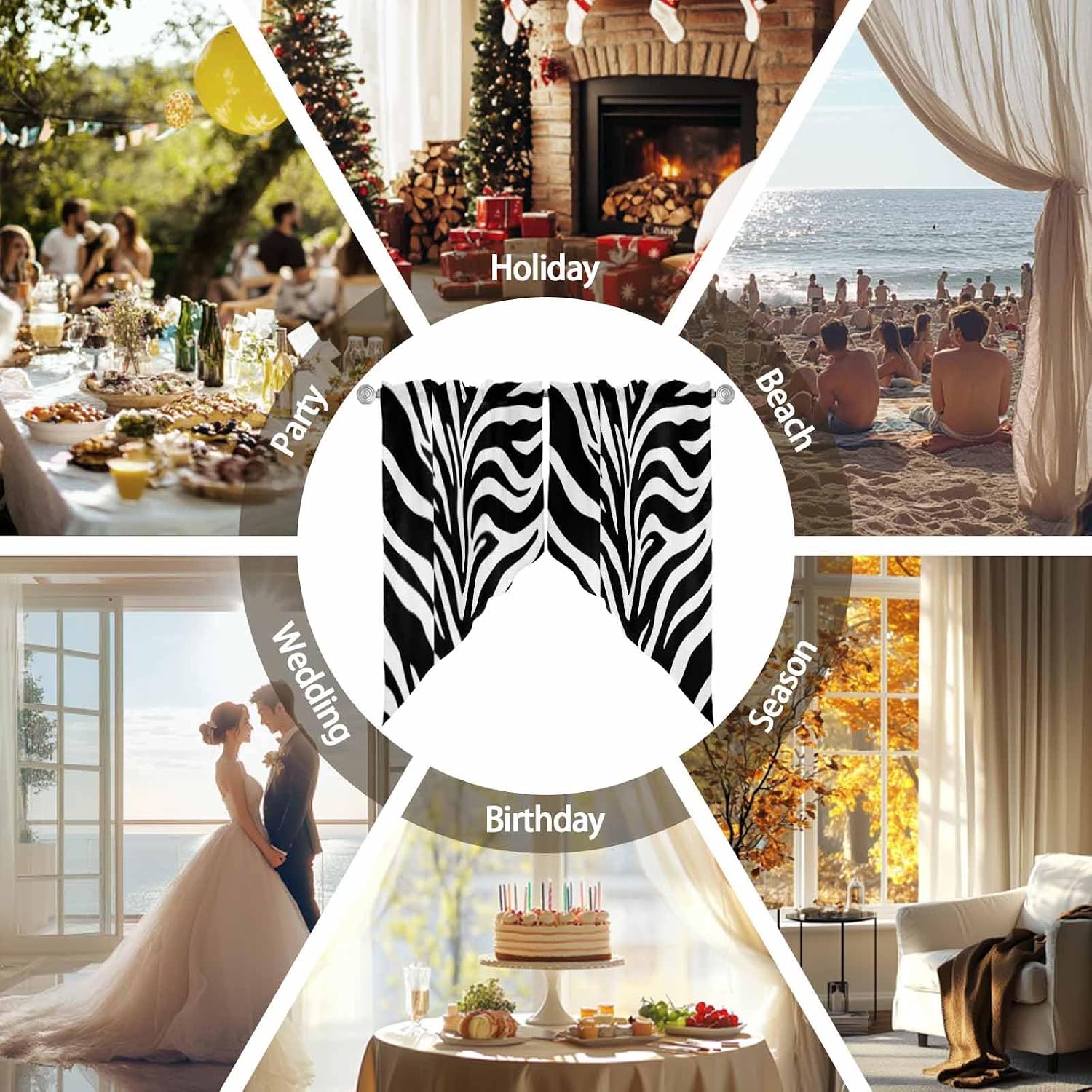 Kitchen Window Curtains, White Zebra Striped Swag Curtains Valance for Bedroom Living Room Bathroom, Animals Fur Abstract Art Rod Pocket Window Treatment Curtain Block Drapes 2 Panels 36"x36"