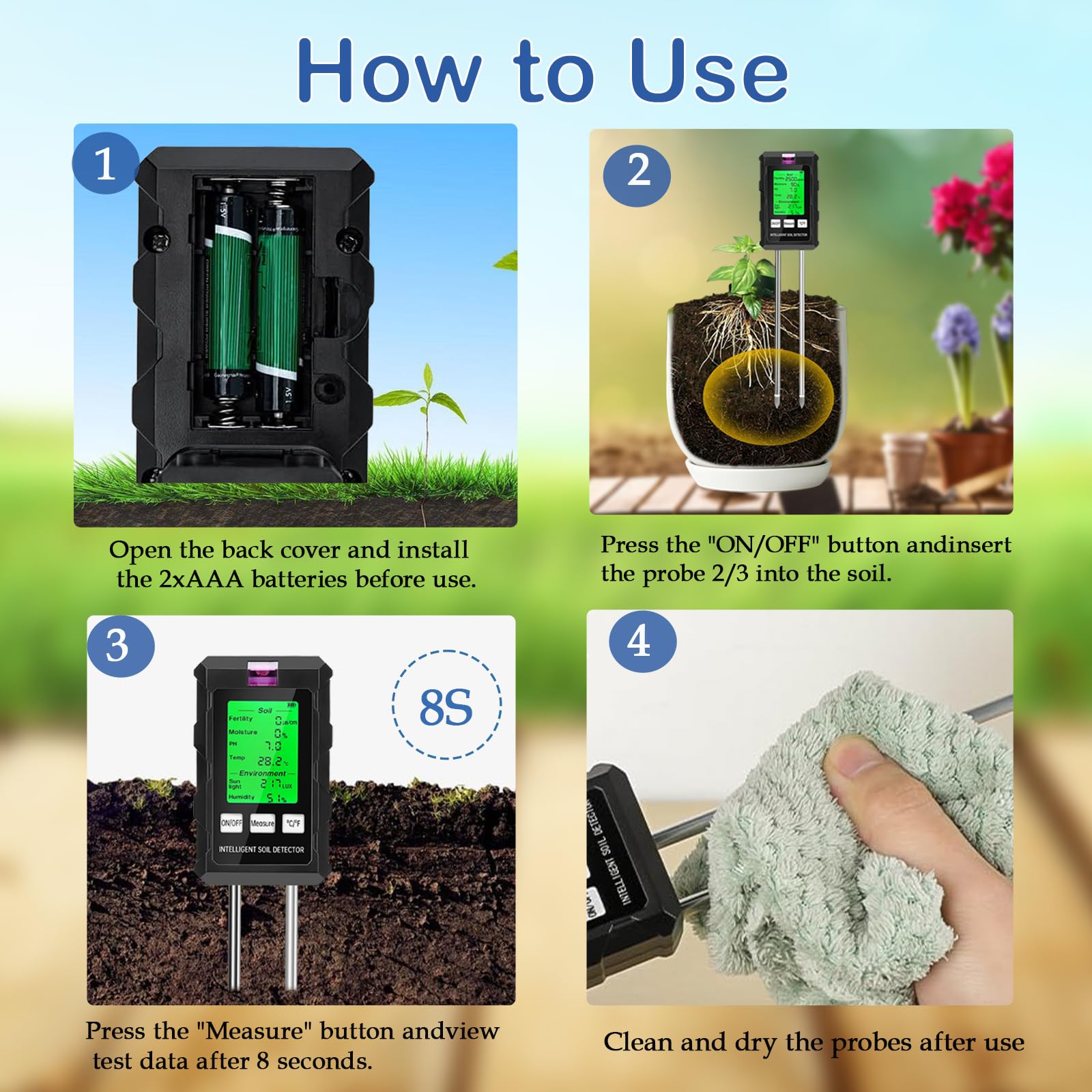 Testeur d'Humidité du Sol 6 en 1, Mesure pH, Fertilité, Lumière Soleil, Température, Hygromètre Plante pour Jardin, Potager et Plantes d'Intérieur