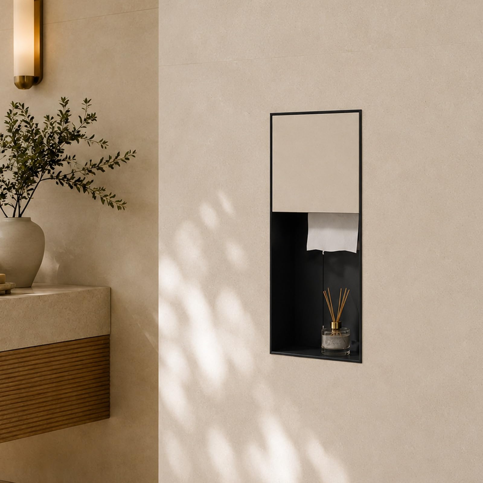 Recessed Toilet Paper Holder, Stainless Steel In-Wall Bathroom Cabinet With Toilet Roll Holder And Open Shelf, Hidden Waste Bin For Bathroom Kitchen Office