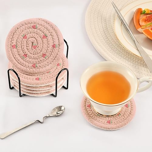 Miniatura 5 de innewgogo Pink Strawberry 6 Pcs Absorbent Drink Coasters for Tabletop Protection Handmade Round Woven Coaster with Holder & Heat Water Resistant