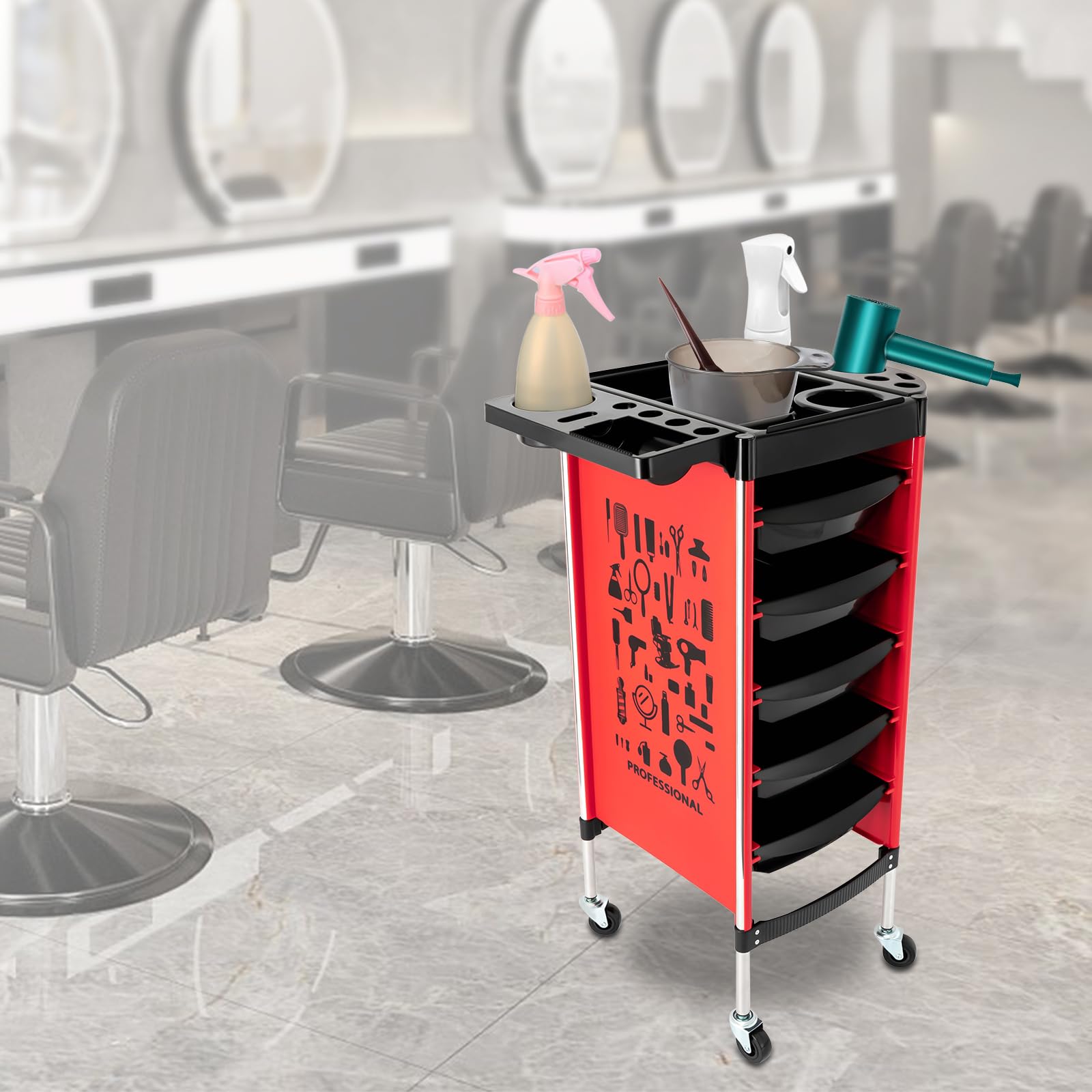 5 carrelli estraibili da parrucchiere, trolley da lavoro, cosmetici, scaffalatura professionale per salone spa salone, piattaforma multifunzione con ruote universali, colore rosso