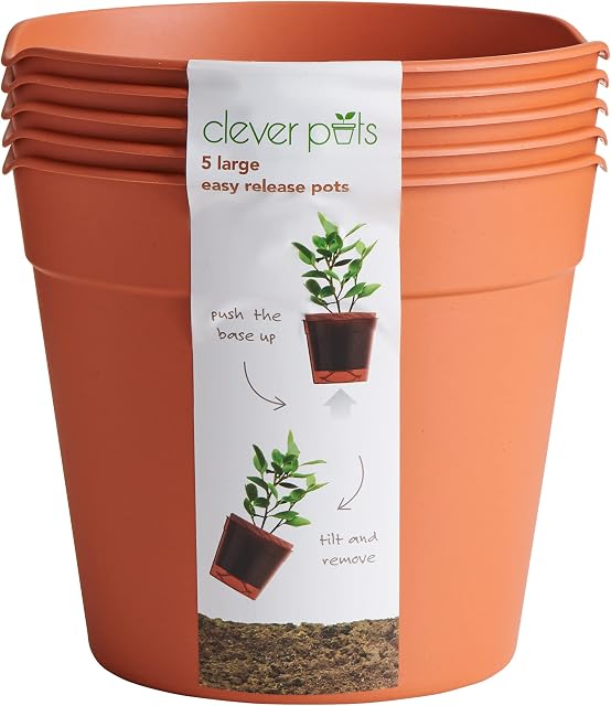 Clever Pots Easy Release Pack of 5 Large Outdoor or Indoor Plant Pots for Healthy Root Growth, Lightweight & Weather Resistant Plant Pots Plastic for Flowers & Plants, Terracotta