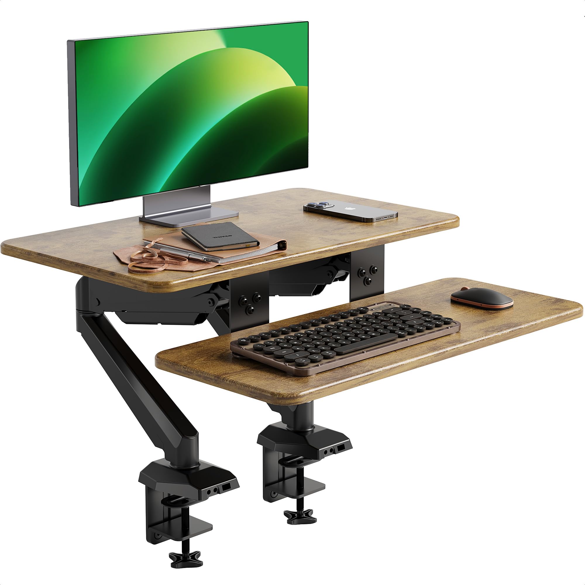 Claiks 61 cm Sitz-Steh-Arbeitsplatz, innovativer platzsparender, höhenverstellbarer ergonomischer Schreibtischkonverter mit breiter Tastaturablage, doppelter Fixierung und flexibler Drehfunktion