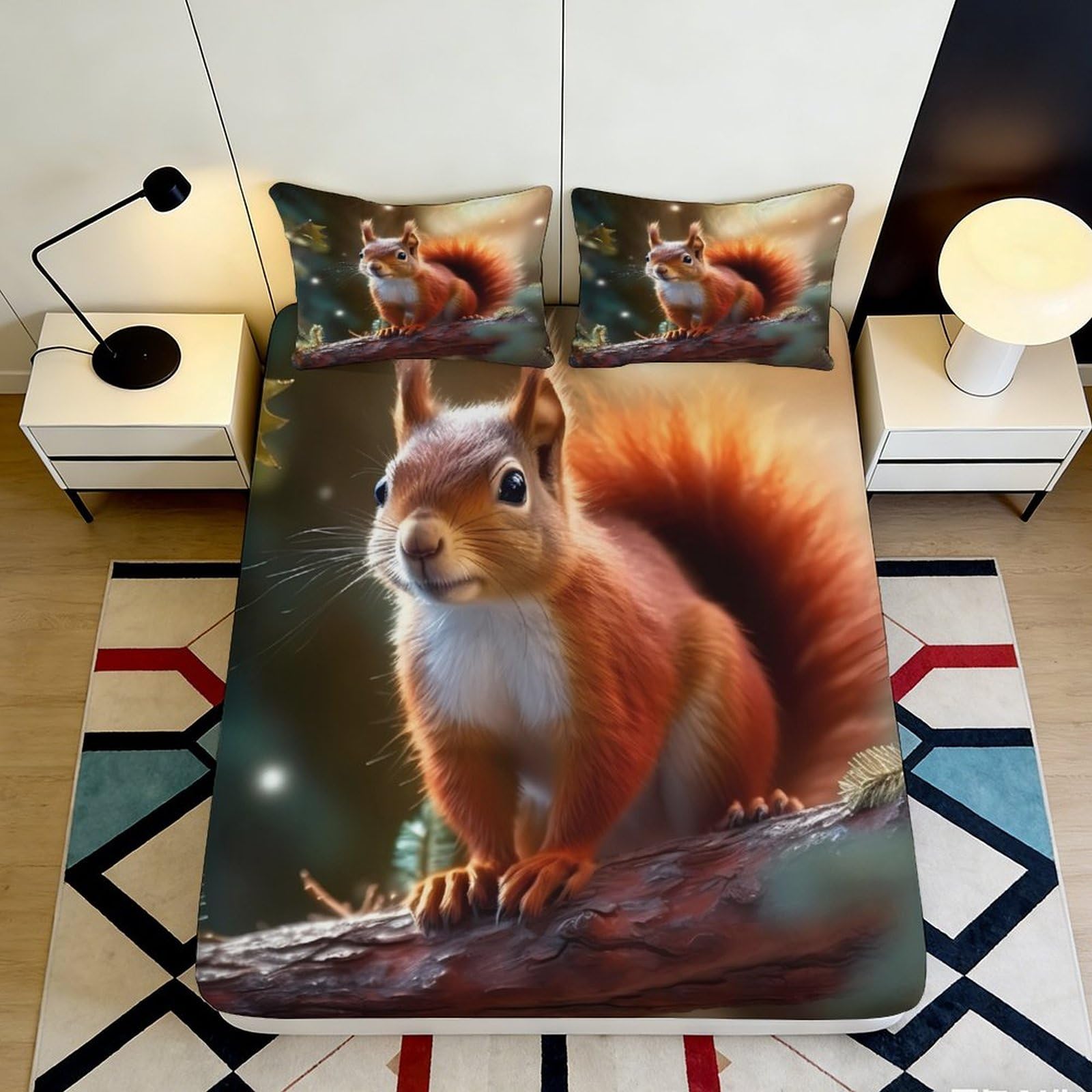 3D Printed Squirrel Pattern Fitted Sheet Microfiber Soft Breathable Forest Animal Mattress Cover for Bedroom Dormitory Guest Room Mattress Protection Decor 160x200x25cm