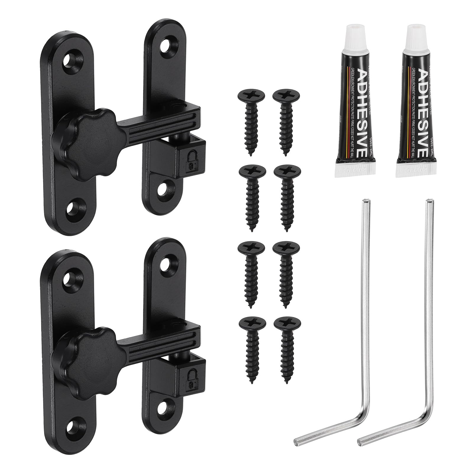 sourcing map 2Pcs Barn Door Lock, 90/180 Degree Flip Barn Door Lock Zinc Alloy Sliding Security Latch with Screws & Nail-Free Adhesive for Garden Bathroom Garage, Black