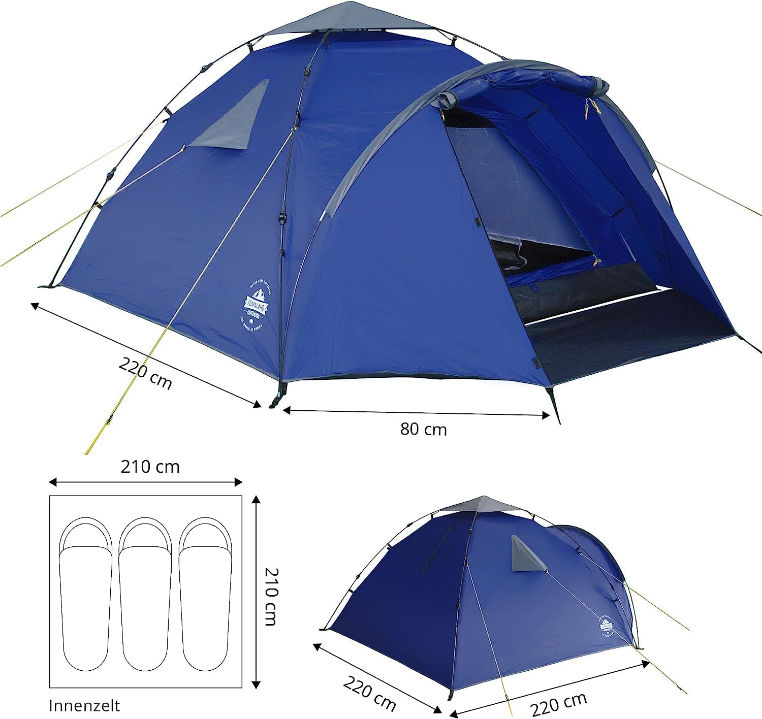 Lumaland Tenda Da Campeggio | 3-4 Person Family Tenda | Interne 210x210x120 cm | Impermeabile & antivento | Ideale come campeggio, festival e tenda da viaggio | Ultraleggero & robusto [Blu]