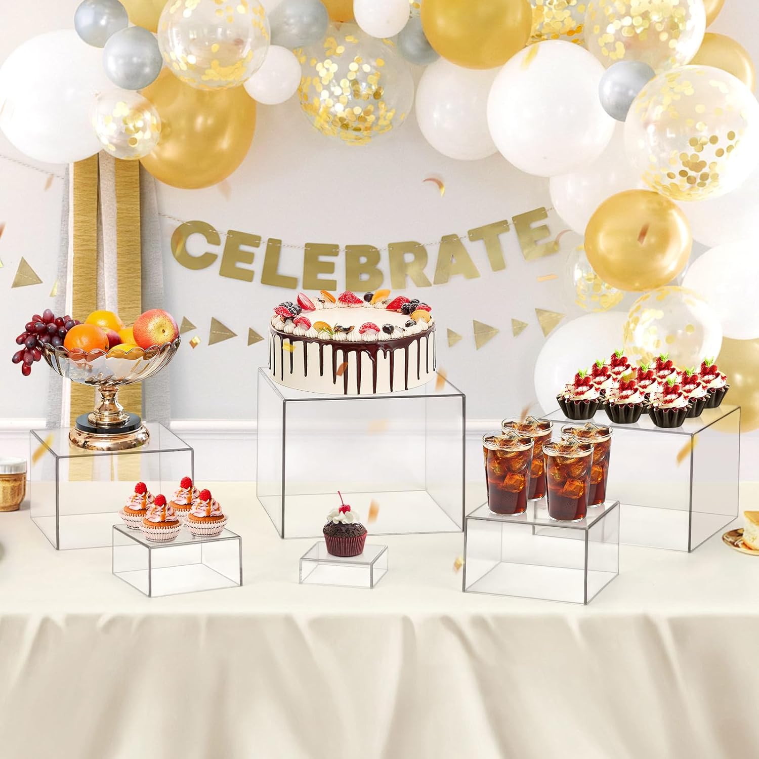 Top-spring Buffet Risers 6Pcs Food Risers for Buffet Table Acrylic Risers Display Stands Dessert Cake Stands for Party Catering, Buffet Risers and Stands for Food Display (Clear 8",7",6",5",4",3")