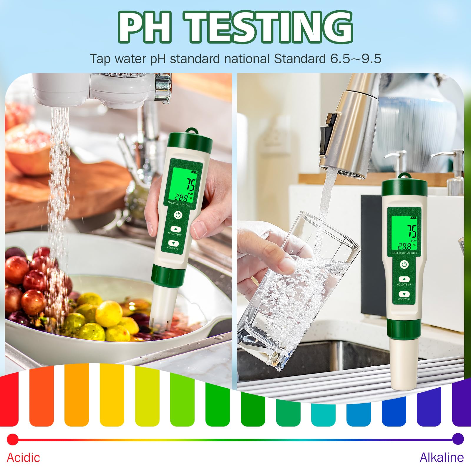Testeur pH 5 en 1 Numérique, pH Mètre avec Automatique de la Température, Précision 0.01, Mesure pH, TDS, EC, Salinité et Température, Testeur d'Eau pour Piscine, Hydroponie, Aquarium, Eau Potable