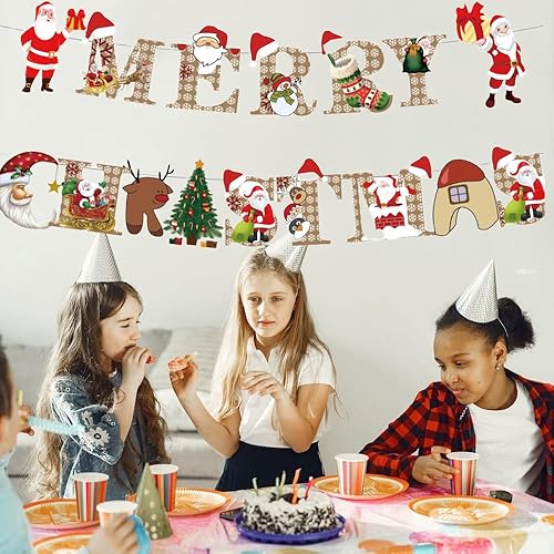 Miniatura 2 de KUNGOON Decoración de pancarta de Navidad, banderín de Merry Friendsmas con Papá Noel, diseño retro a cuadros, decoración de chimenea de invierno