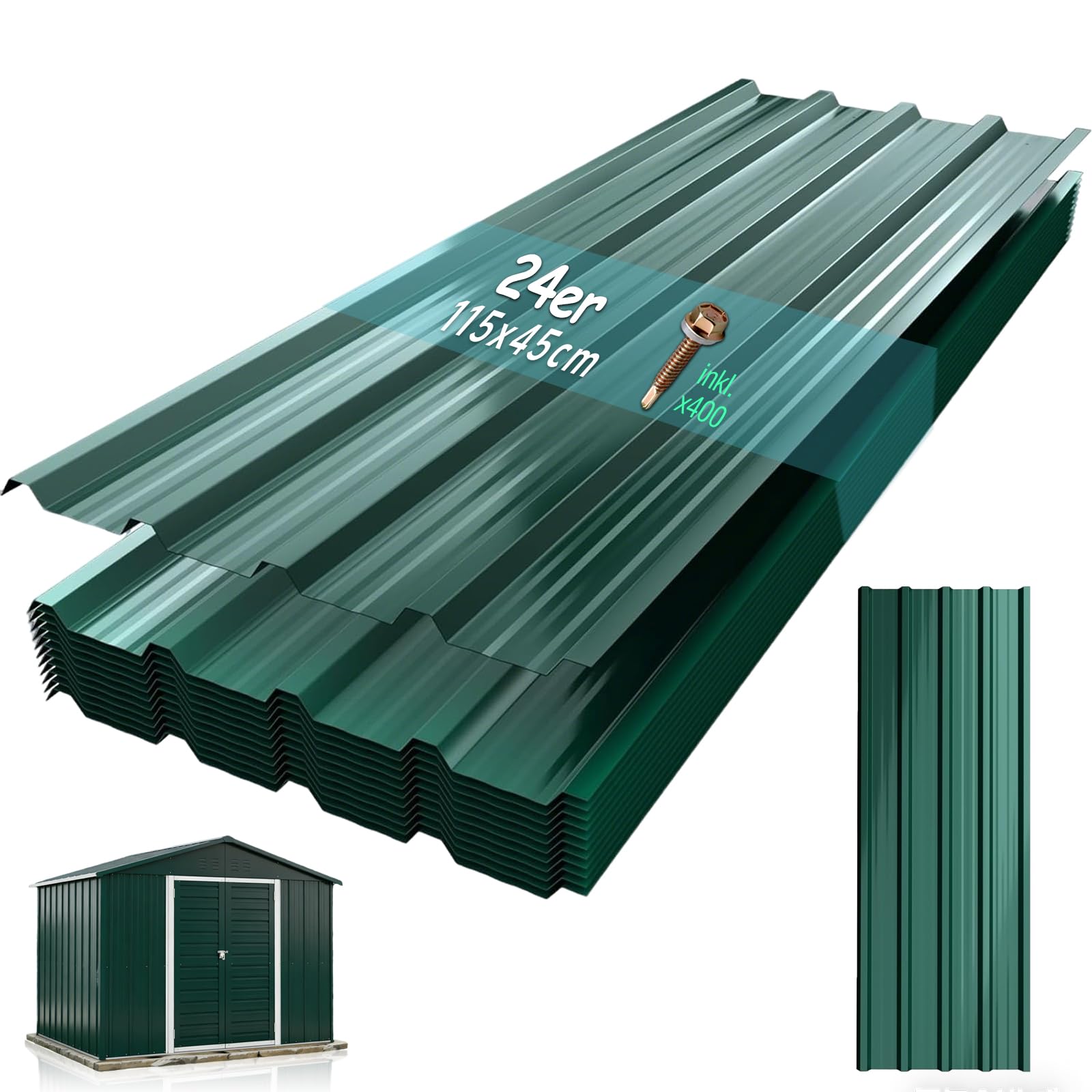 Sorlpv 24X Corrugated Metal Roofing Sheets 115x45CM with 400 Screws, Weatherproof Galvanised Trapezoidal Steel Roof Panels, 12.42m² Metal Grooved Roof for Carports Greenhouse Tool Sheds Garage, Green