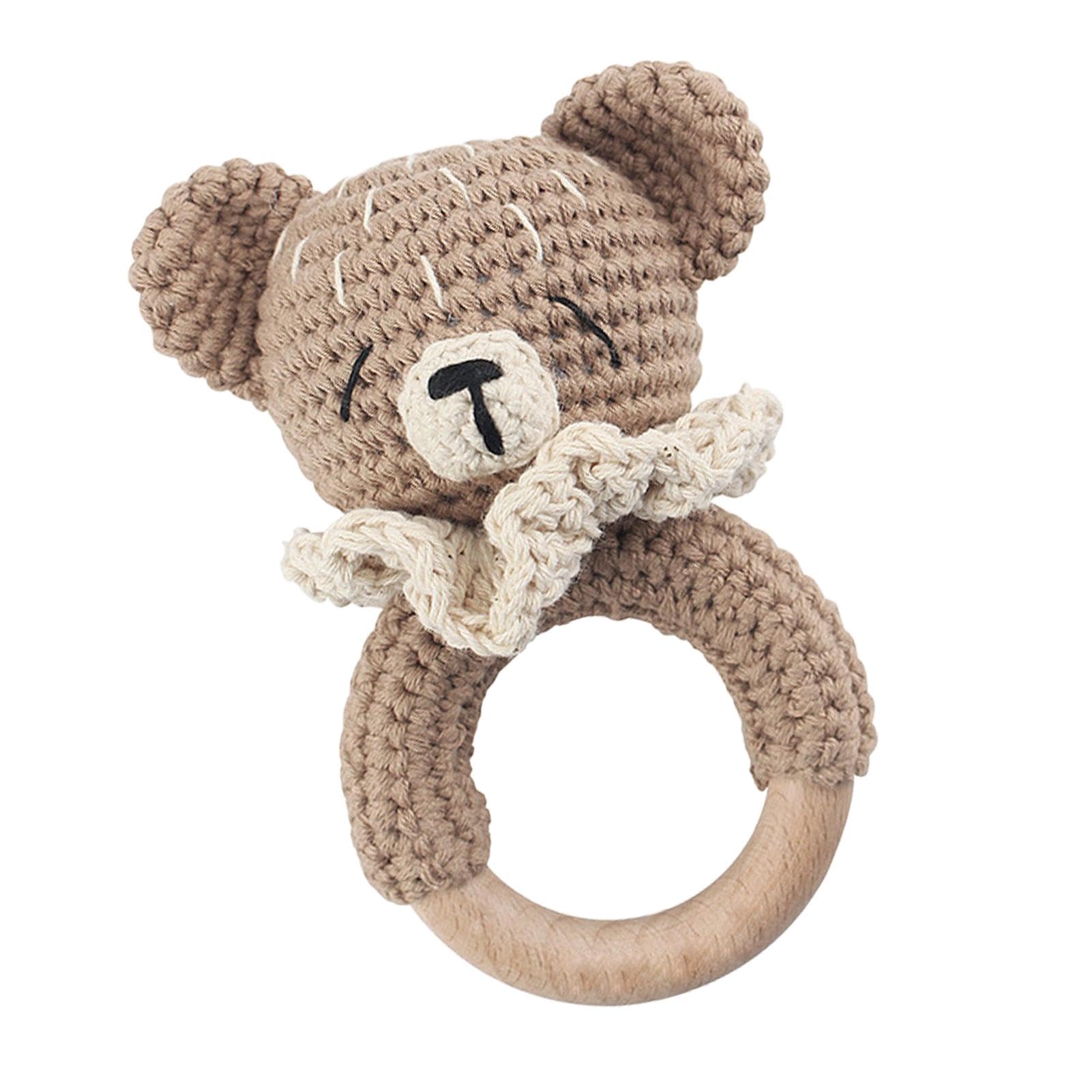 Sonajero de crochet para bebés, sonajeros suaves para bebés - Lindo juguete de madera con sonajero de animales, animal de peluche tejido - Sonajero de madera hecho a mano de los bebés del ganchillo de