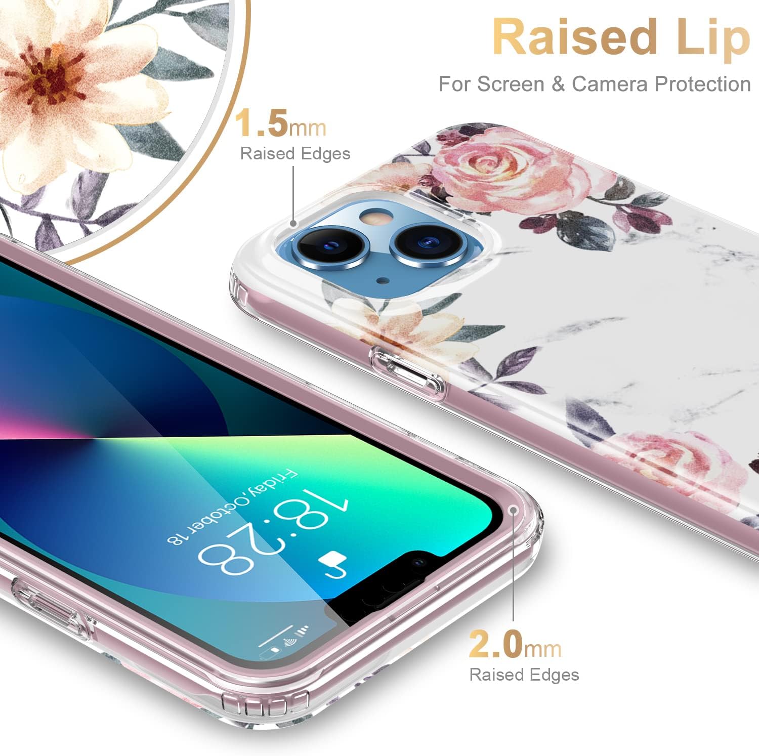 Esdot for iPhone 13 Case with Built-in Screen Protector,Military Grade Rugged Cover with Fashionable Designs for Women Girls,Protective Phone Case 6.1" Pink Flowers Leaves - Image 5