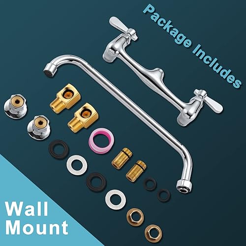 Miniatura 10 de Grifo de montaje en pared de cocina comercial de 8 pulgadas, grifos de fregadero central de pared de 8 pulgadas, 2 manijas montadas en la pared para